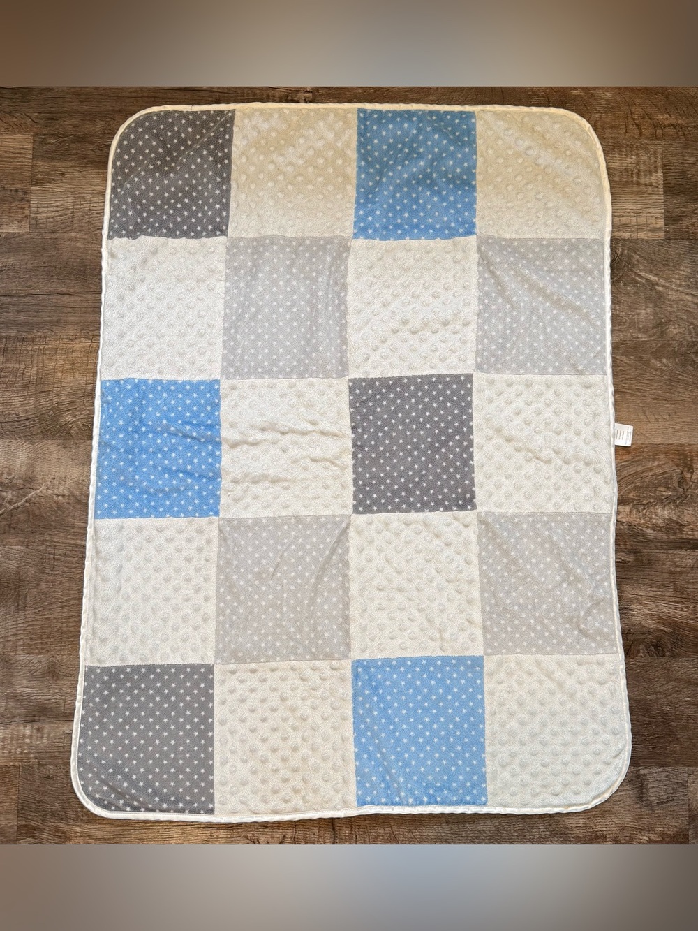 Just Born Checkered Gray Blue White Minky Baby Blanket Sherpa Satin Kids Clean
